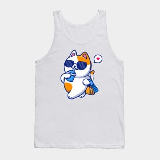 Cute Cat Drink And Holding Bag Cartoon Tank Top